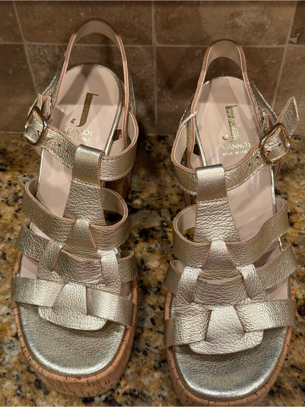 Jeannot Metallic Gold Leather Platform Slingback Sandals